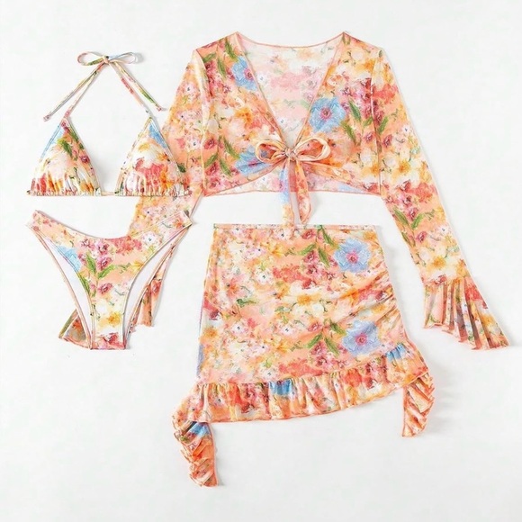 4 Piece Floral Halter Top Bikini Set with Sheer Cover Up & Ruffled Skirt - Picture 2 of 12